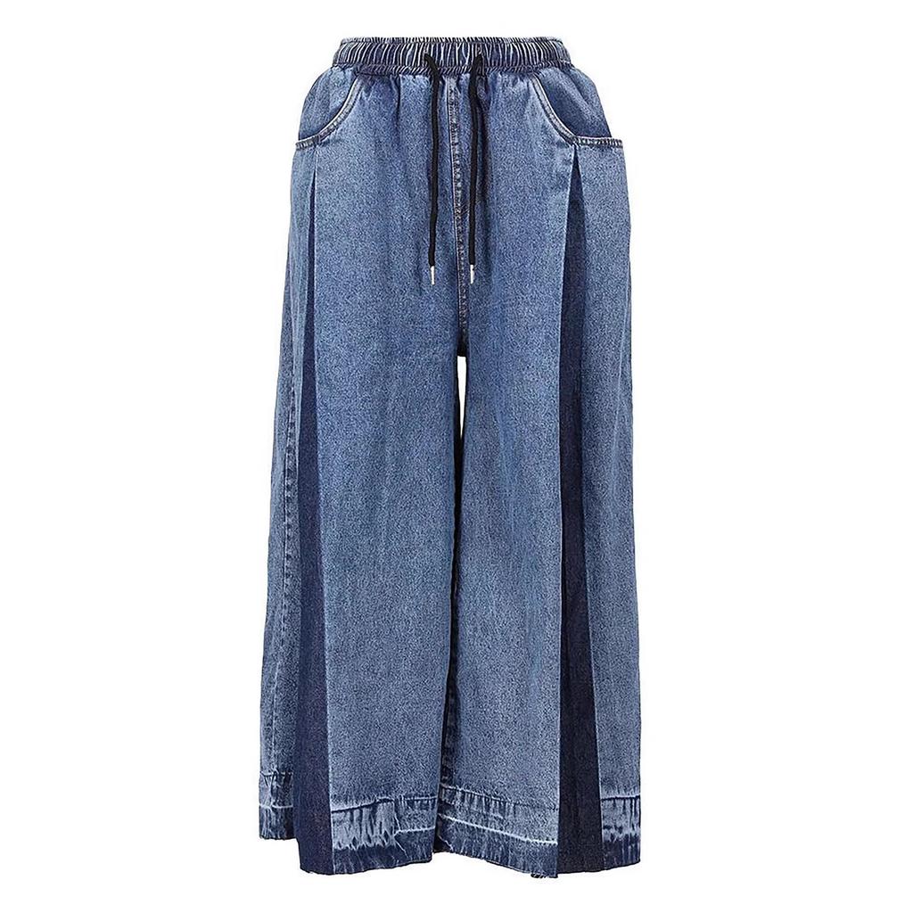 Women's Elastic Drawstring Waist Wide Leg Loose Fit Color Block Patchwork Culotte Pants Streetwear Denim Capri Jeans For Spring