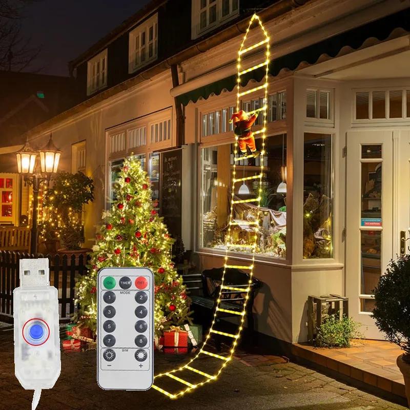 Christmas Decorations Santa Claus Climbing Ladder Light LED Fairy Lamp USB Plug 8 Modes for Home Holiday Wall Window Xmas Decor