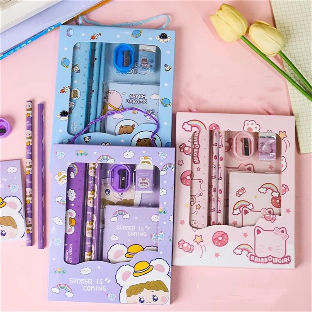 Portable 6-in-1 Stationery Set Cartoon Rabbit Bear Student Stationery Bag Pencil Eraser Sharpener Kindergarten School Supplies