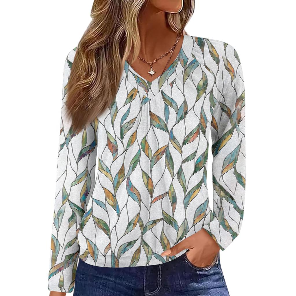 Women's Casual Fashion V-Neck Raglan Pleated Floral Print Long Sleeve Top