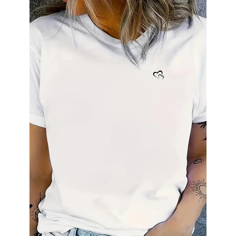 

Женская простая футболка с принтом-сердечком, с круглым вырезом, на все сезоны, дышащий комфорт, стандартная длина, повседневный топ S белый