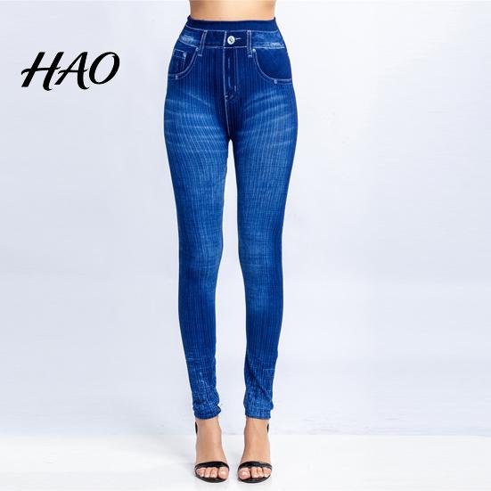 Fake Jeans Imitation Leggings Printed Super Elastic Women Faux Denim Pants High Waist Butt Lift Cropped Streetwear
