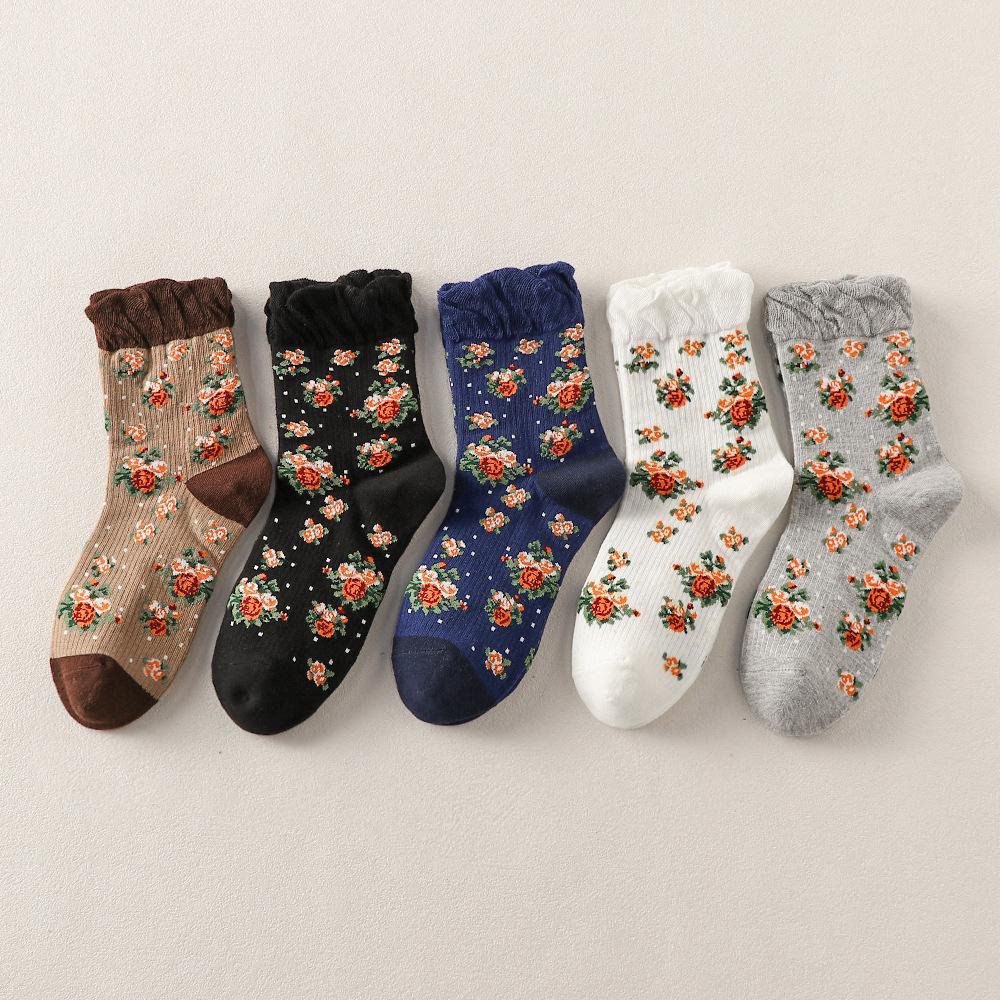 Retro Ethno-Stil Kinder Knöchelsocken, Trendige Sommer- und Frühlings-Leichte Blumen-Kristallseide Frottee-Lange Socken