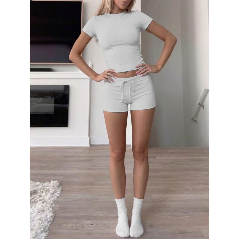 Women Solid Short Sleeve Round Neck T Shirt And Shorts Casual Two Piece Set