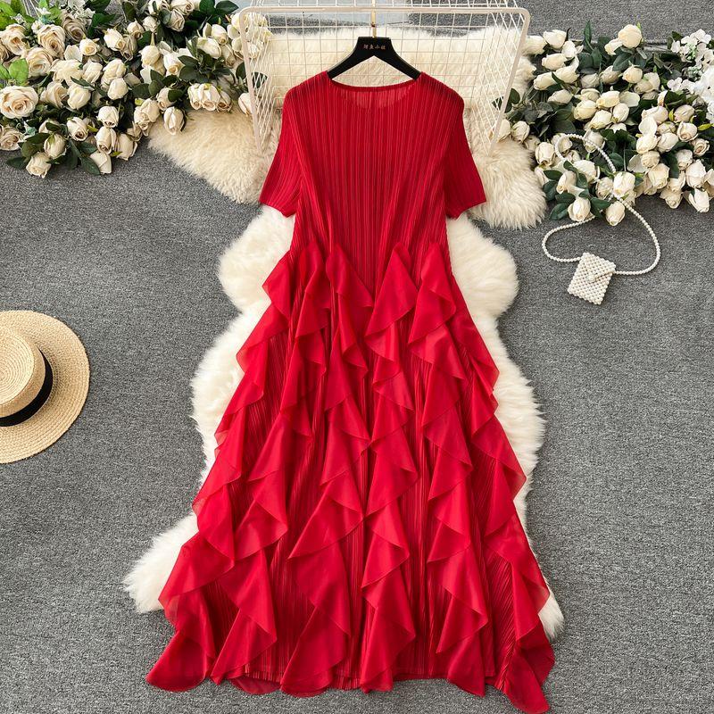 

Accessible Luxury Socialite Style Women s Summer Pleated Short Sleeves Dress Red One size