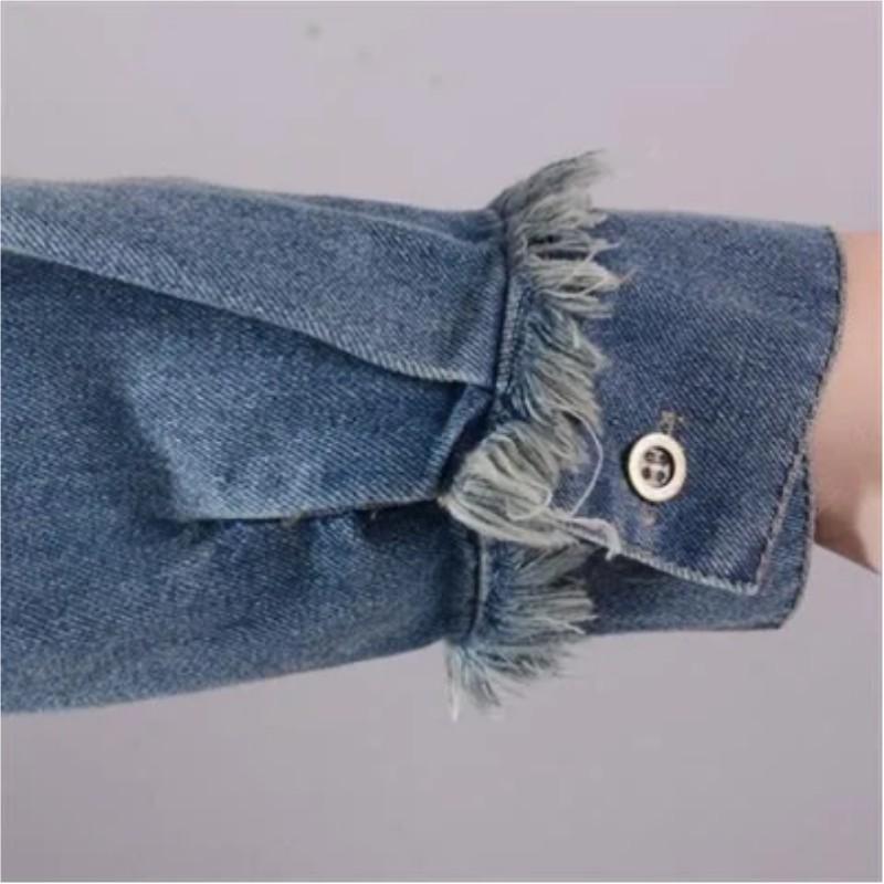 Women's Wash Plush Edge Pockets Loose Denim Dress Autumn O-neck Long Sleeves Dresses