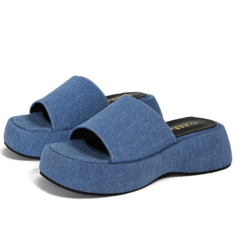 2025 New summer denim blue platform slippers women open toe thick high heels slides shoes female jeans flip flops sandalias