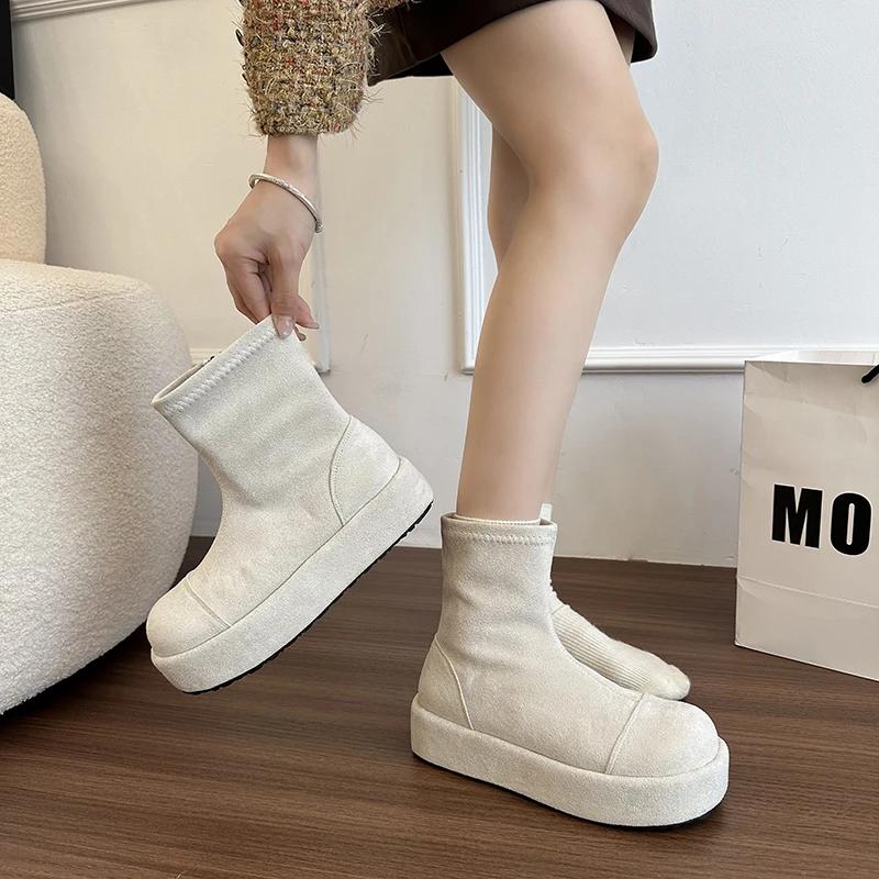 Retro Versatile Concise Low-heel Sponge Bottom Women's Boots Shoes for Women 2025 New Fashion Solid Round Toe Ankle Boot
