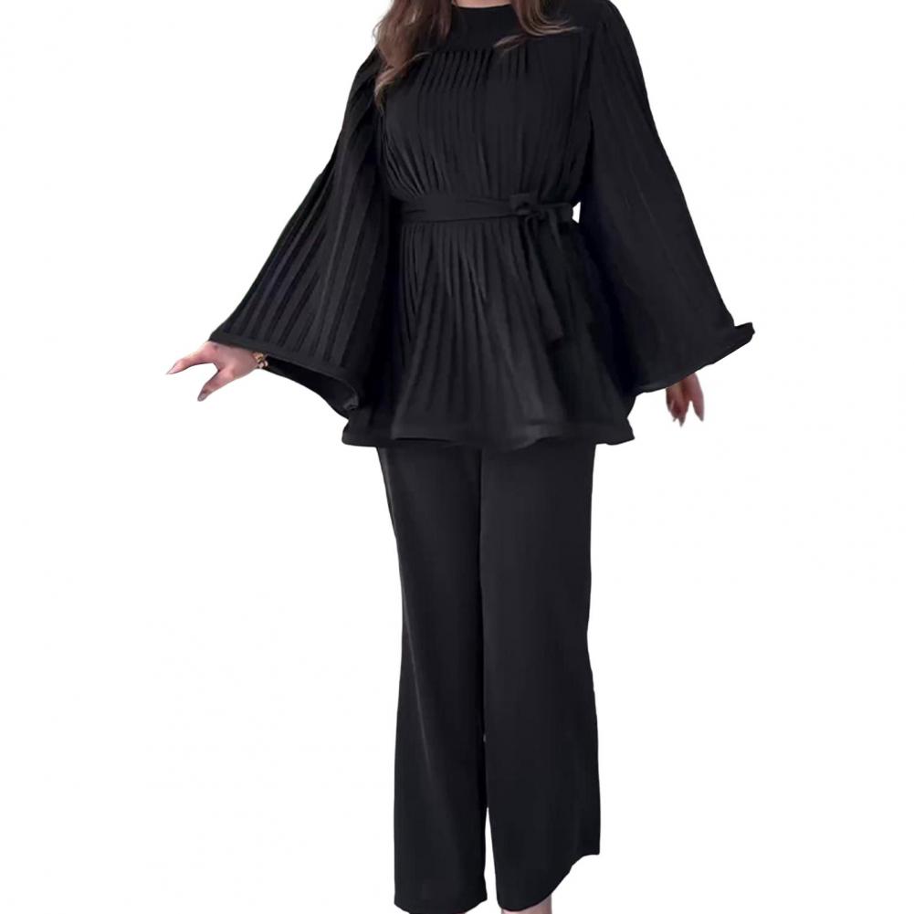 2 Pcs/Set Women Top Pants Pleated Horn Sleeves Lace-up Bow Tight Waist Big Hem Round Neck Blouse Wide Leg Solid Color Trousers O