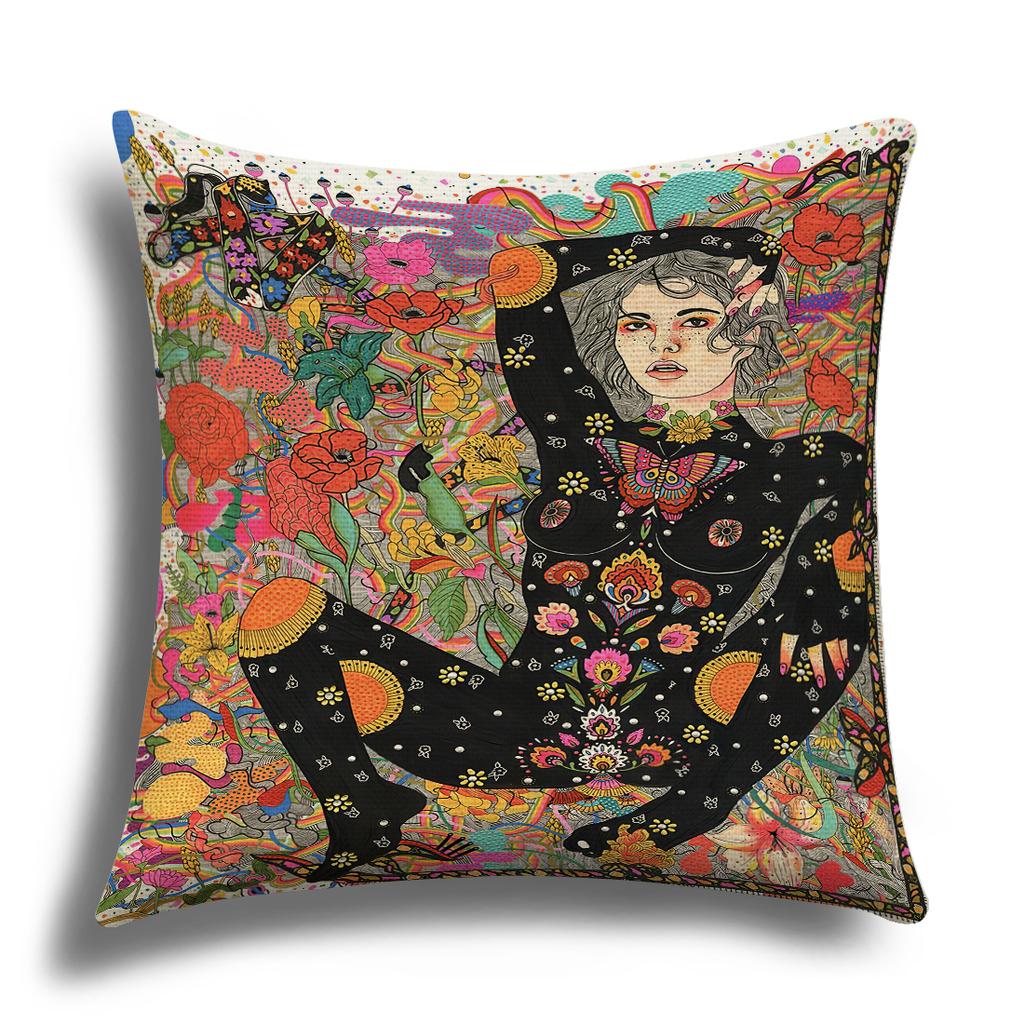 Classic Retro Girl Skull Illustration Cushion Cover Pillow Cover Sofa Cushion Cover Living Room Bedroom Soft Home Decoration