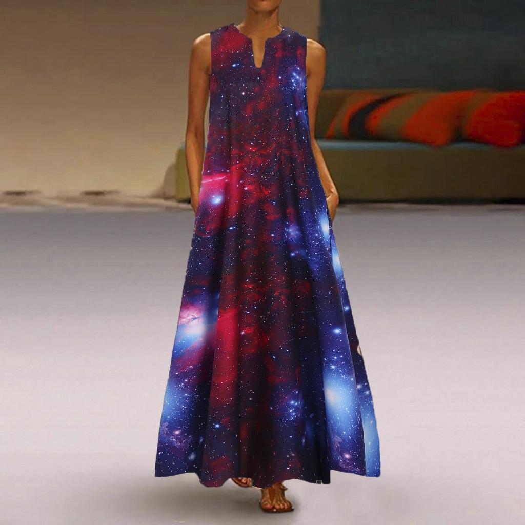 Women's A-line Dress Maxi Long Sleeveless Blue Milky Way Print Autumn/winter V-neck Retro Style Elegant
