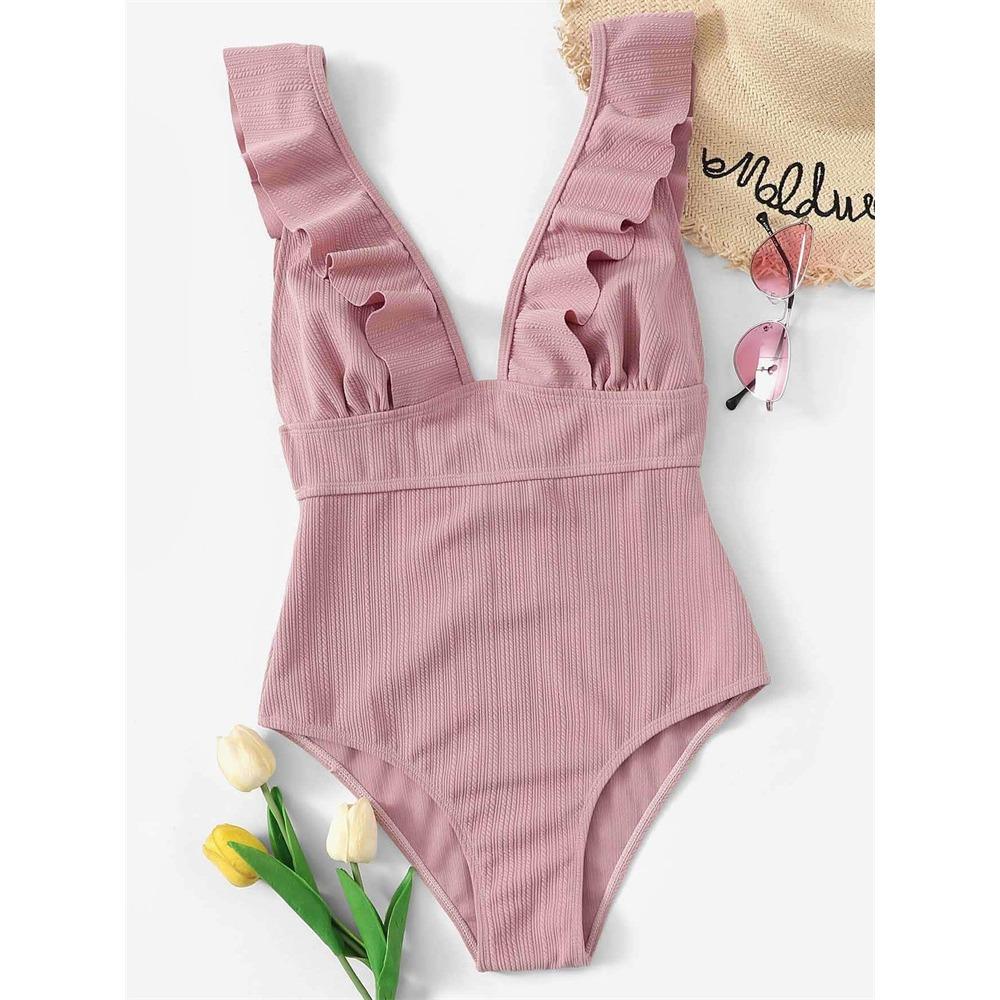 European and American One-piece Ruffle Edge Swimwear Three-dimensional Striped Sexy Swimsuit