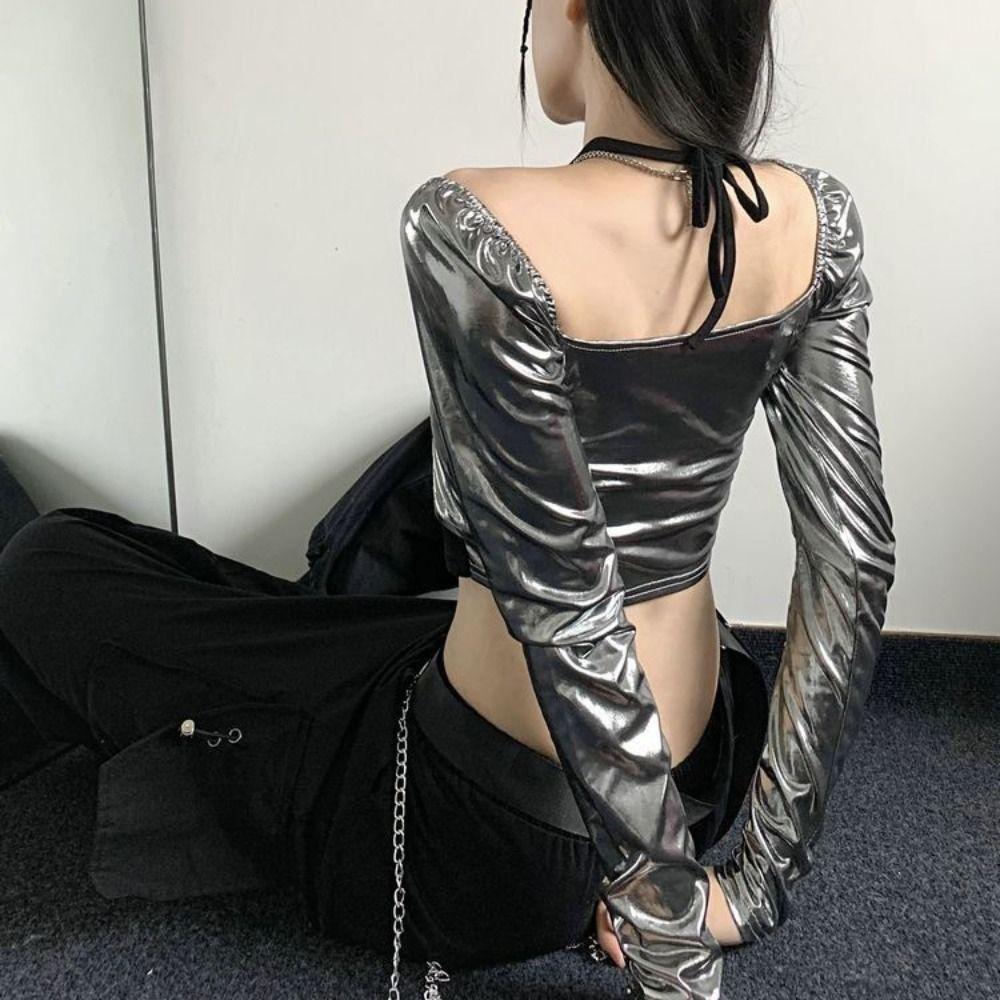 Pullover Long Sleeve T Shirt Glossy Fake Two-pieces Shirts Sweet Y2K Slim Crop Tops  Streetwear