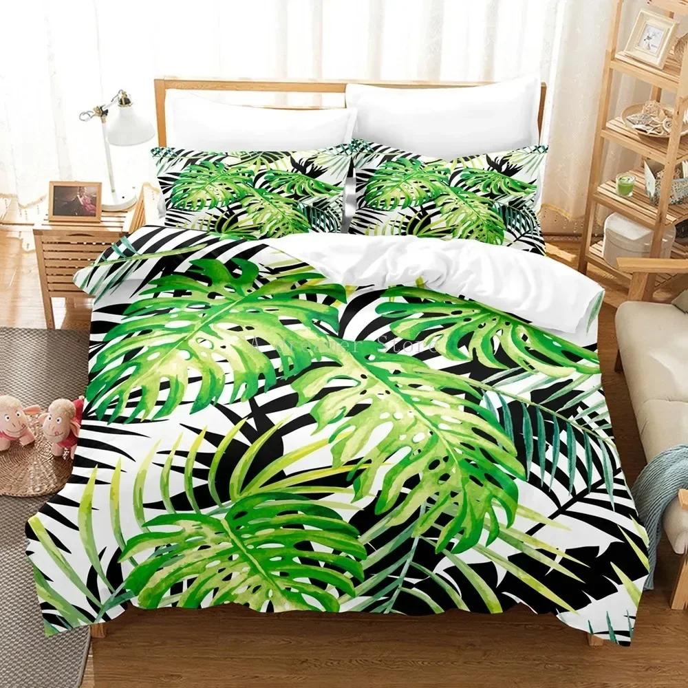 New 3D Green Palm Leave Fashion Comfortable Duvet Quilt Cover Pillowcase Bedding Set Children Bedroom Decoration Home Textile