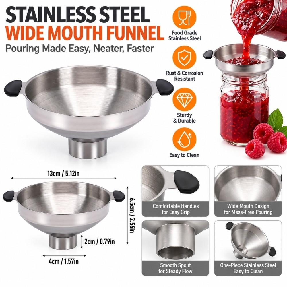 Stainless Steel Wide Mouth Funnel Dual Handles Kitchen Funnel Durable Canning Funnel  Kitchen