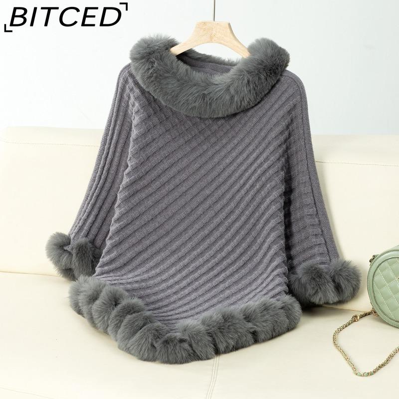 BITCED Solid Colour Wool-Trimmed Pullover for Women Autumn/Winter Thick Vintage Check Knitted Cape Shawl