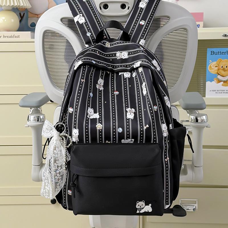 Schoolbag Female Japanese Small Fresh Sweet Printed Bear Striped Backpack Junior High School Student Lightweight Large Capacity Backpack