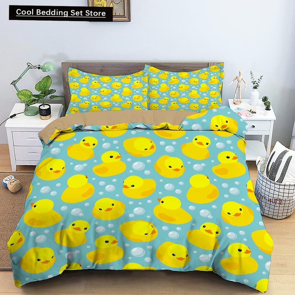 Cartoon Yellow Duck King Queen Duvet Cover Farm Lovely Animal Bedding Set Blue Bubble Quilt Cover Soft Polyester Comforter Cover