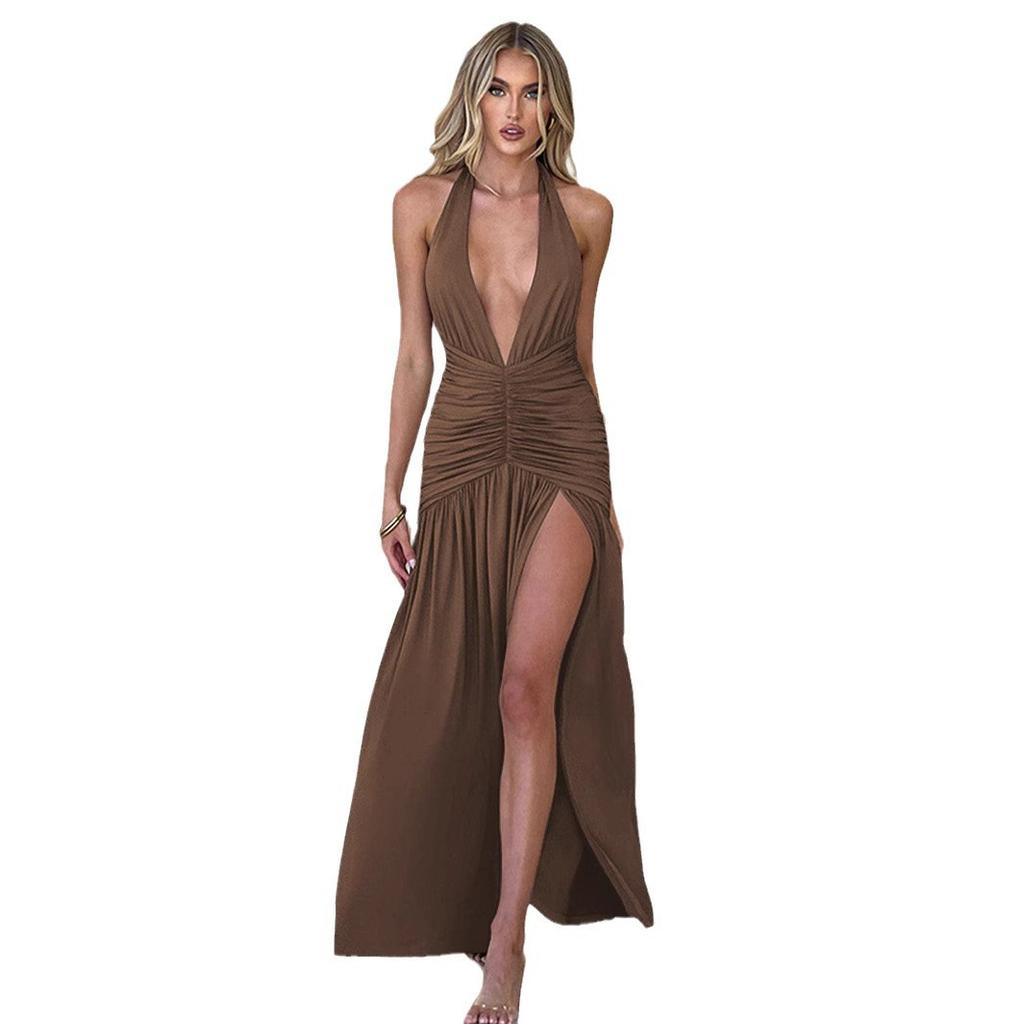 Women Summer Casua Halter Backless High Splice Solid Color Evening Party Dress