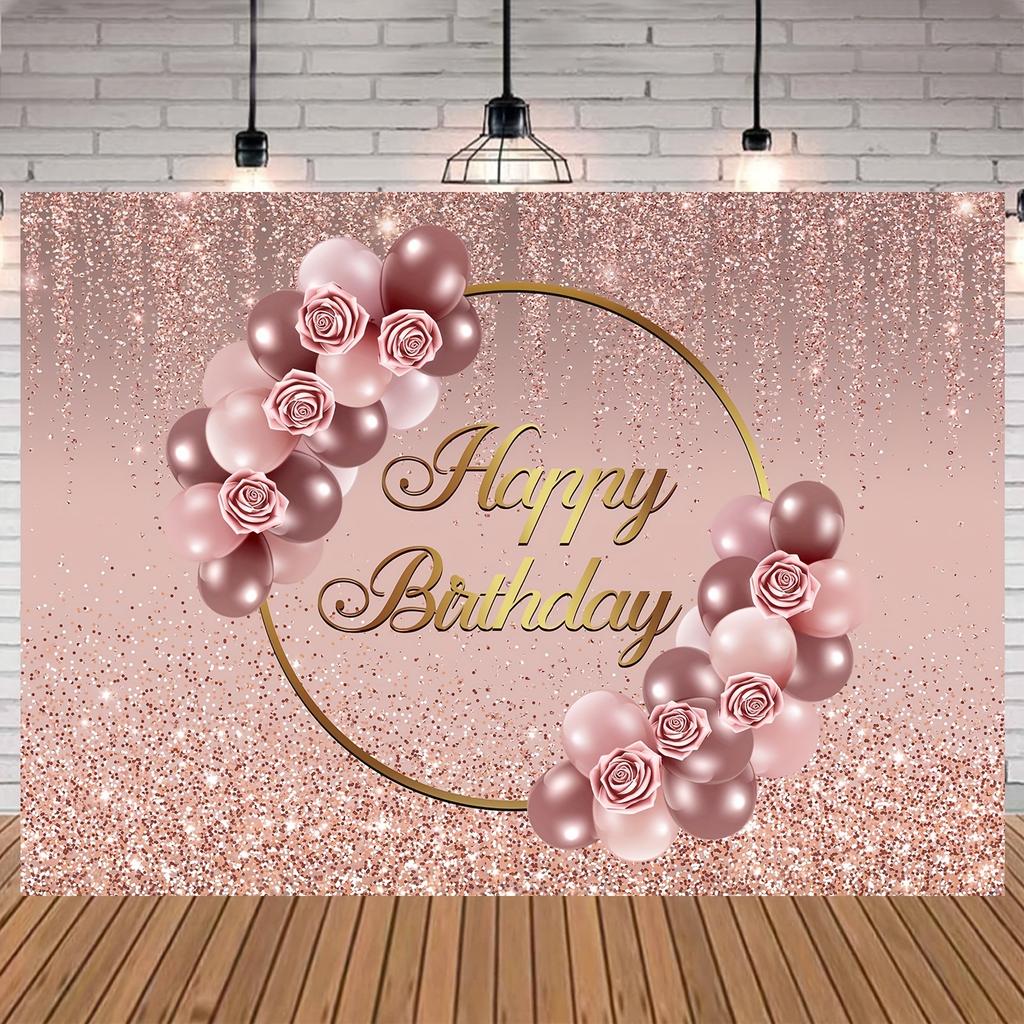 Rose Gold Happy Birthday Background Pink Rose Gold Flower Balloon Rose Gold Scattered Photography Background