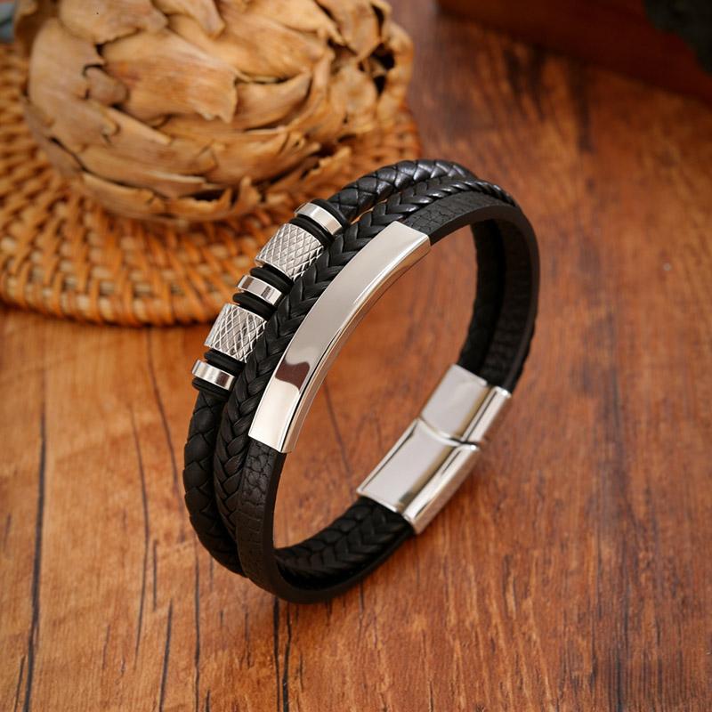 Herrarmband i flätat läder, flerskiktad design med texturerade legeringsdetaljer, Streetwear-manschettarmband, Ny trendig punkig, edgy stil
