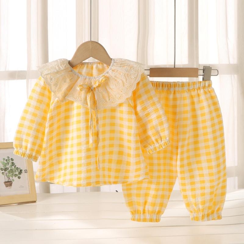 

2 шт./комплект Девочки Пижама Круглый вырез Кружево Бант Клетка Домашний костюм Летний Дышащий Топ с воротником Baby Doll Пижама Милый Свободный Детская одежда 80 жёлтый