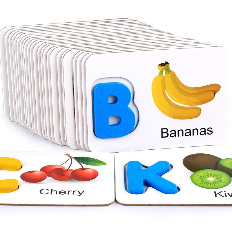 Wooden Montessori Fruits & Vegetables Alphabet Puzzle Cards for Early Childhood Education