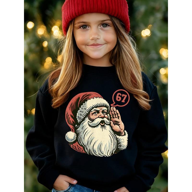 Unisex Kids Black Crewneck Sweatshirt For 4-12 Boys Girls Vintage Santa Claus Speech Bubble Number 67 Christmas Print Soft Fleece Long Sleeve Pullover