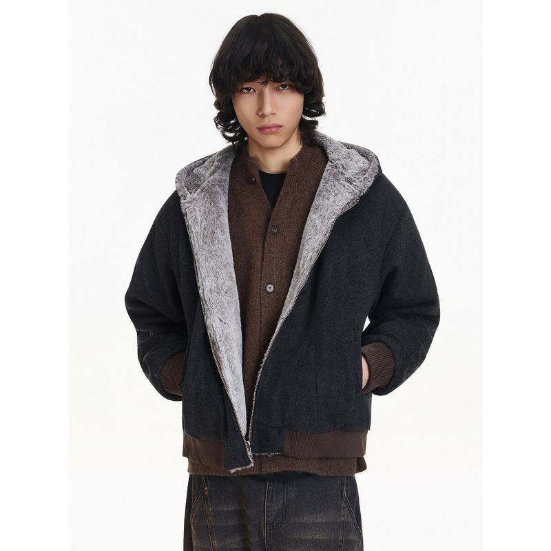 Blaexit American Retro Reversible Hooded Cotton Jacket for Men, Winter Thickened Woolen Coat