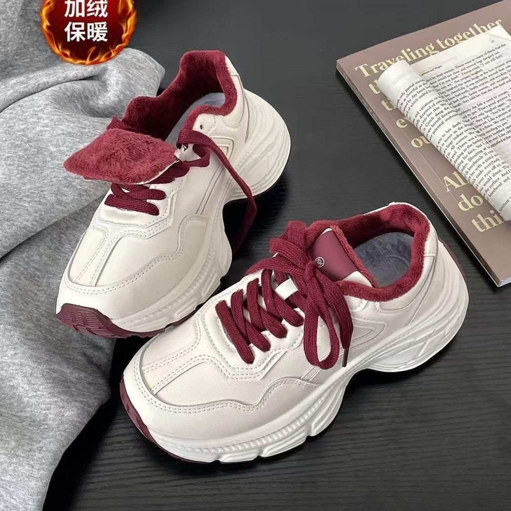 Fleece Leather Surface Shows Feet Little Dad Shoes Women's Autumn and Winter New Niche Retro Hong Kong Style Platform Running Shoes