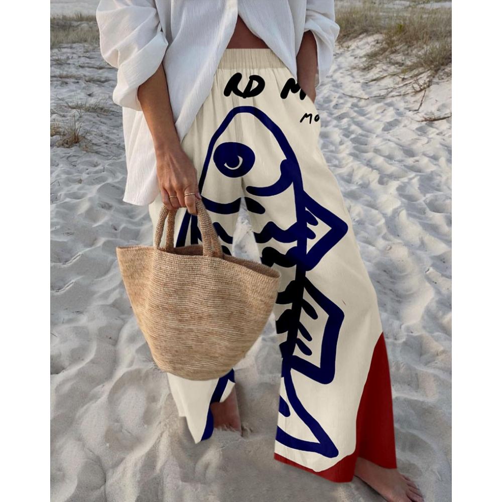 Summer women s loose pants - Solid color retro caviar print casual pants - Fashionable trendy loose pants M