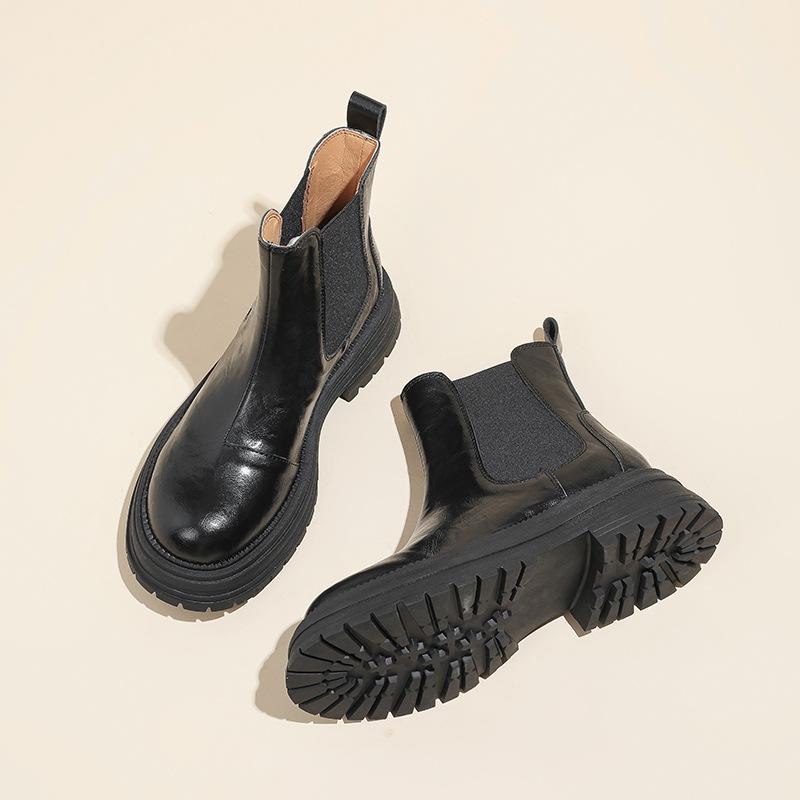 Chelsea Boots for Women with Sheep Pattern and One Foot Pedal Retro Short Boots for Women with Autumn and Winter Thick Sole British Style
