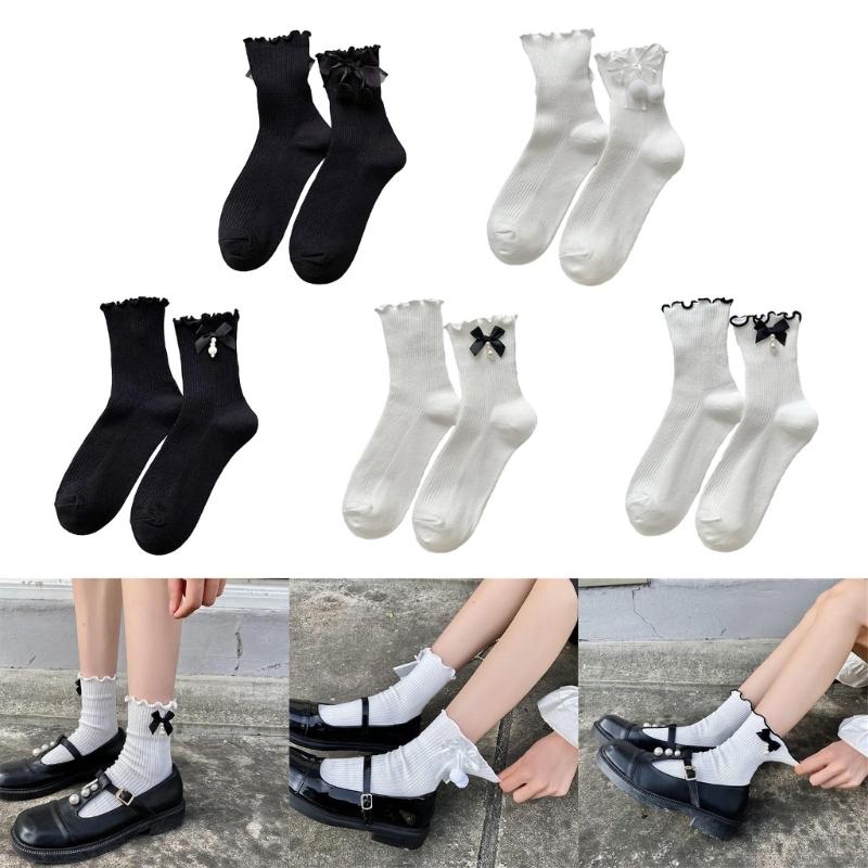 Fashion Harajuku Middle Tube Frilly Socks Women Girls School Student Cute Pearls Bowknot Ruffke Trim Cotton Ankle Socks
