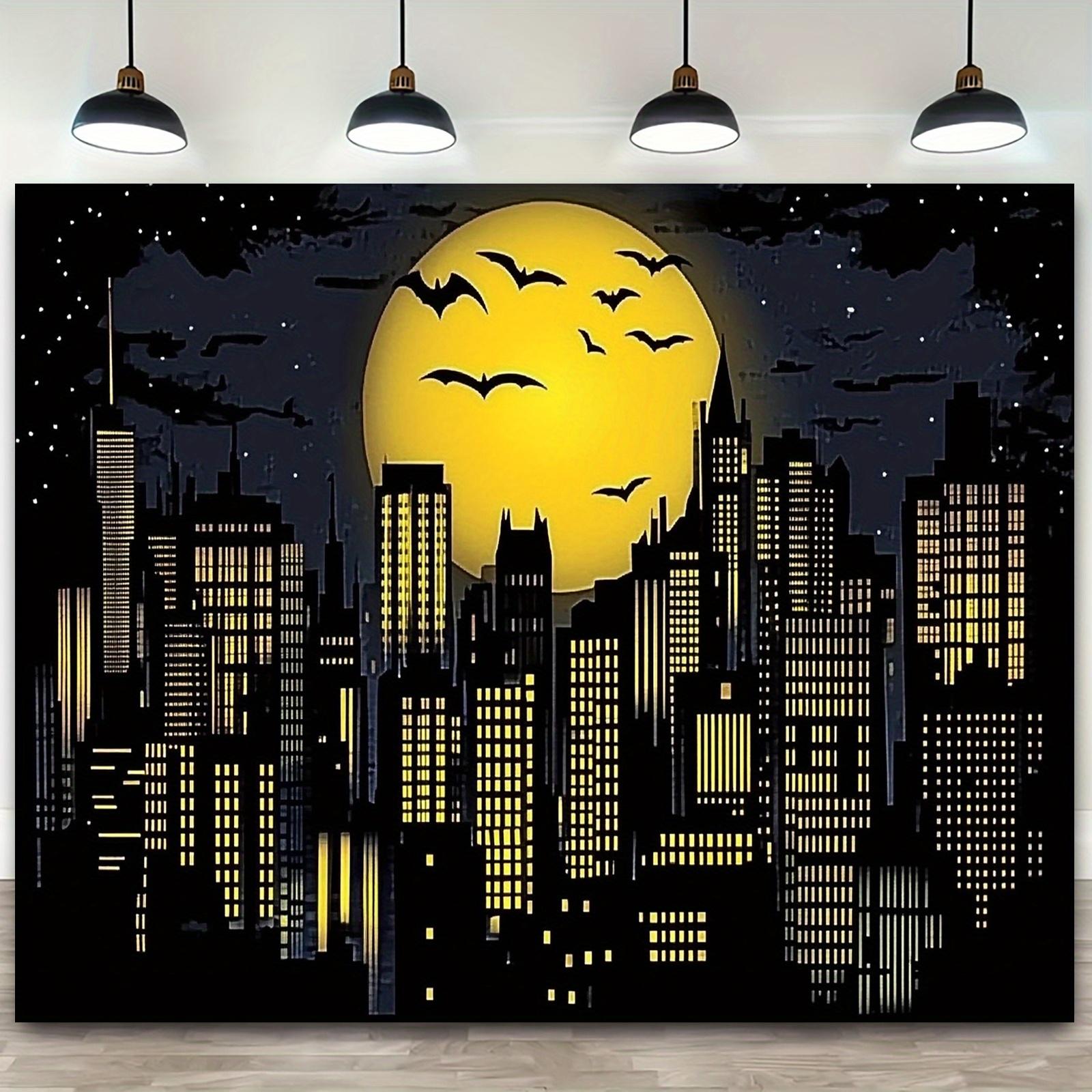 A banner for a night scene of a superhero city with a full moon party - designed in a reverse cartoon style 100x150cm