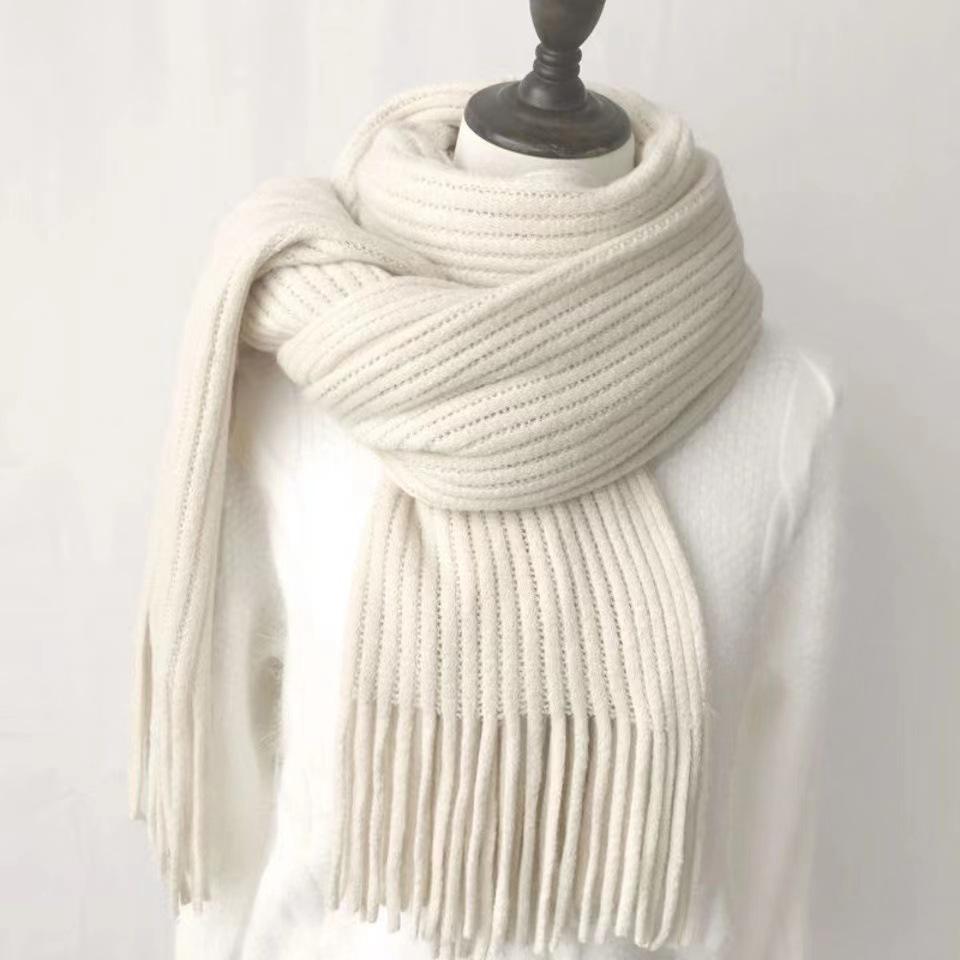 Winter Student Korean Version Versatile New Knitted Couple Thickened Warm Wool Men Solid Color Tassel Scarf Women