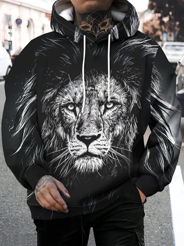 Men's Trendy Streetwear Hoodie with Black and White Pixelated Lion Head Design.