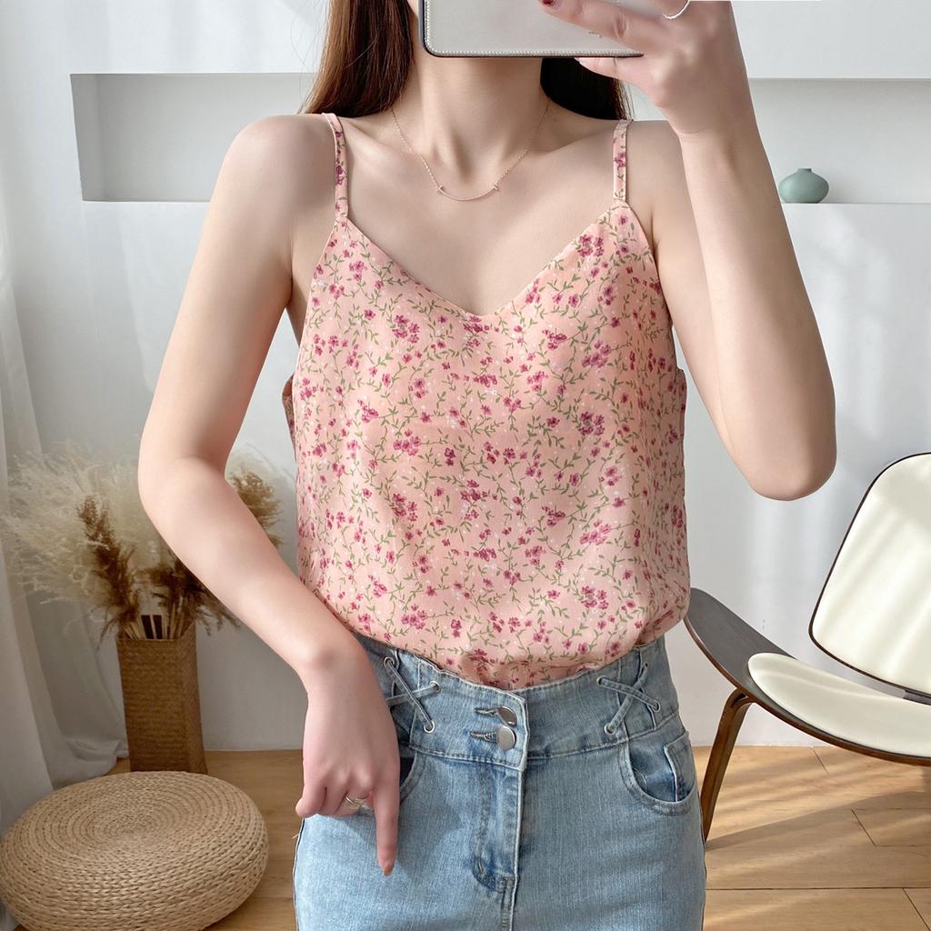 Korean Version of Loose Small Halters Women's Summer New Wear Chiffon Small Floral Bottom Vest with Sleeveless Top Tide