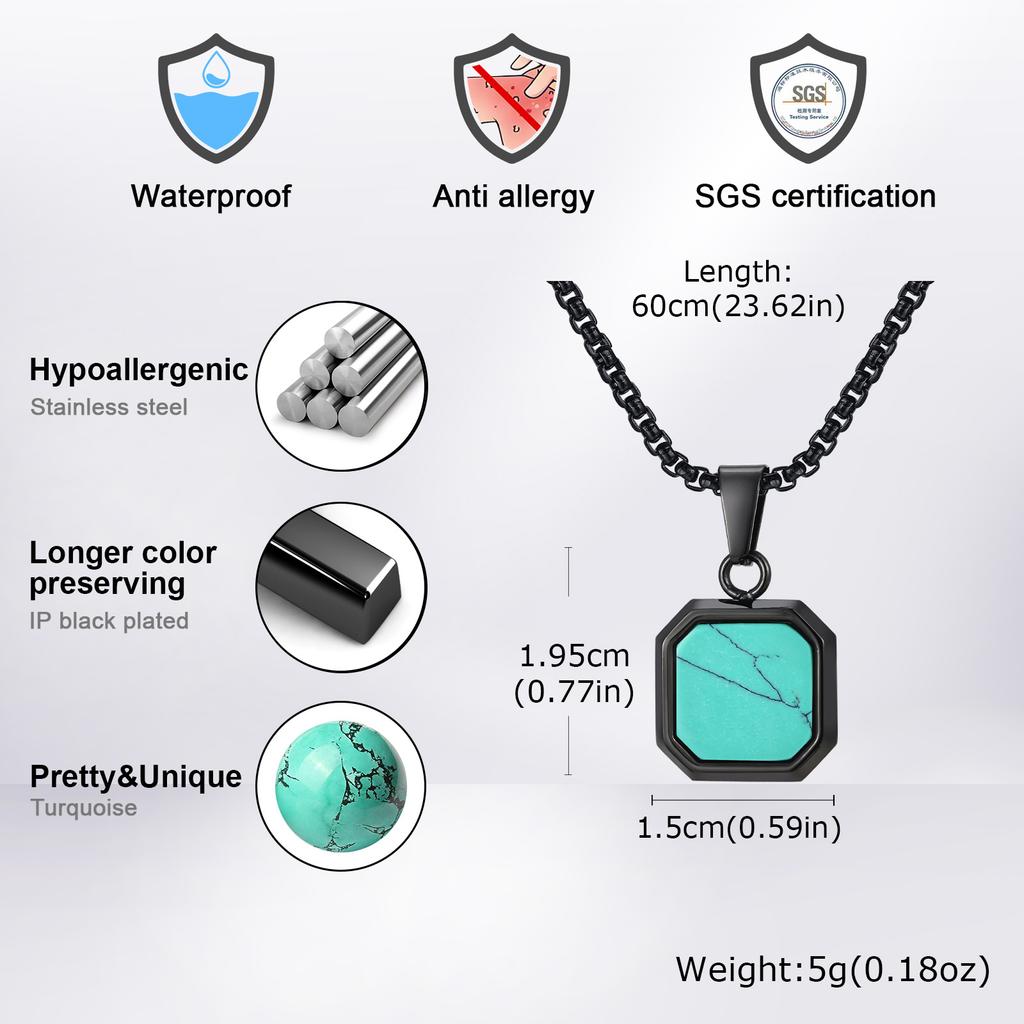 Natural Stone Square Pendant Necklace for Men Boys,Stainless Steel Turquoise Pendant,Jewelry Gift for Husband Dad Son BBF