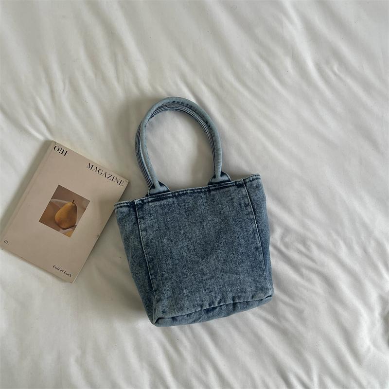 Mini Borsa Tote in Denim Lavato con Design a Lettere Ricamate Manico Superiore Borsa a Mano Piccola Casual per Donne Quotidiana