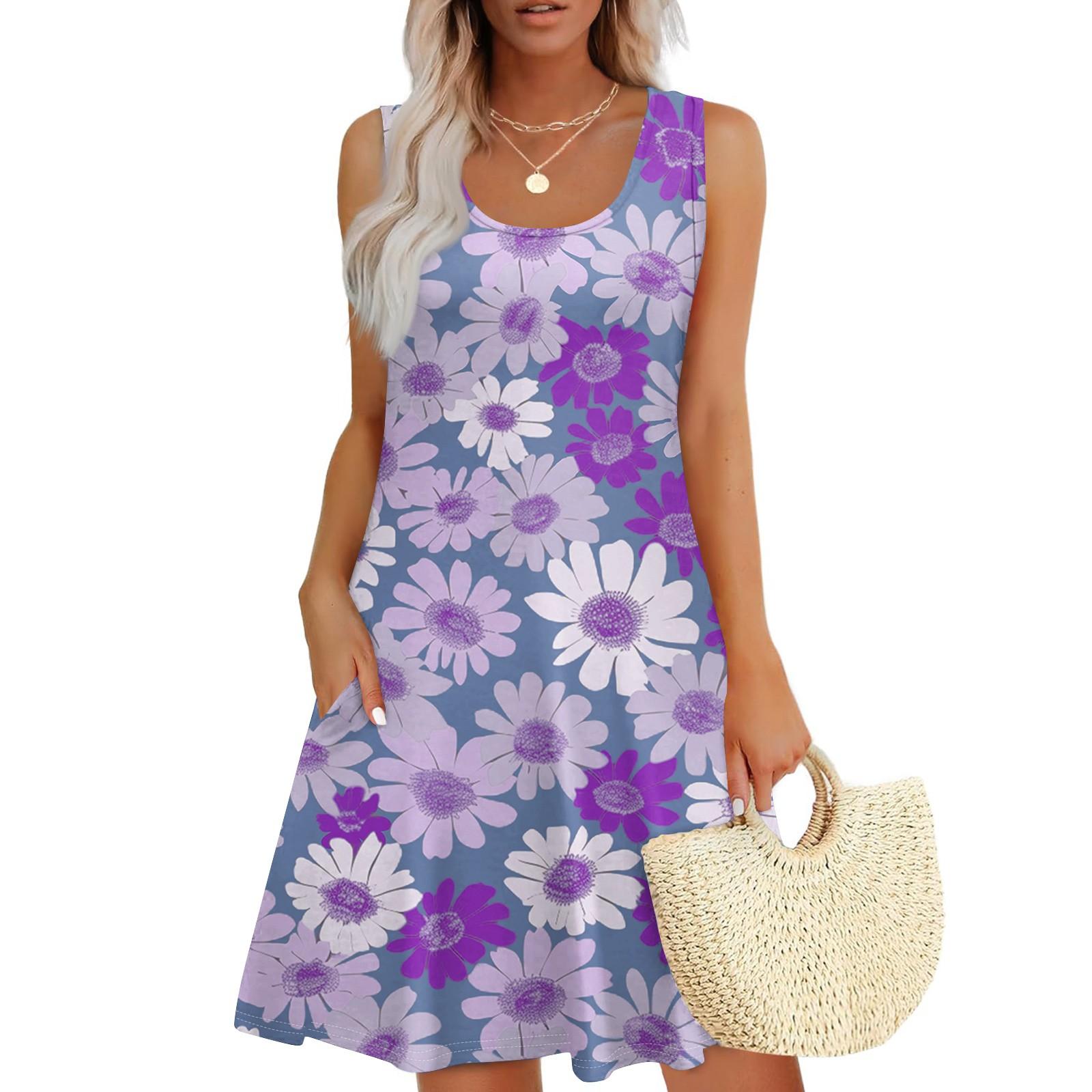 

Жіночий повсякденний сарафан з кишенями Літнє пляжне плаття в стилі бохо, святкові сукні для жінок Футболки Сукня з круглим вирізом Вільні сукні-майки XXL фіолетовий