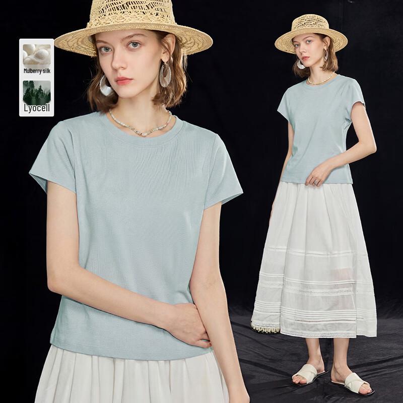Women s Minimalist Tencel & Silk Blend Summer T-shirt L светло-синий