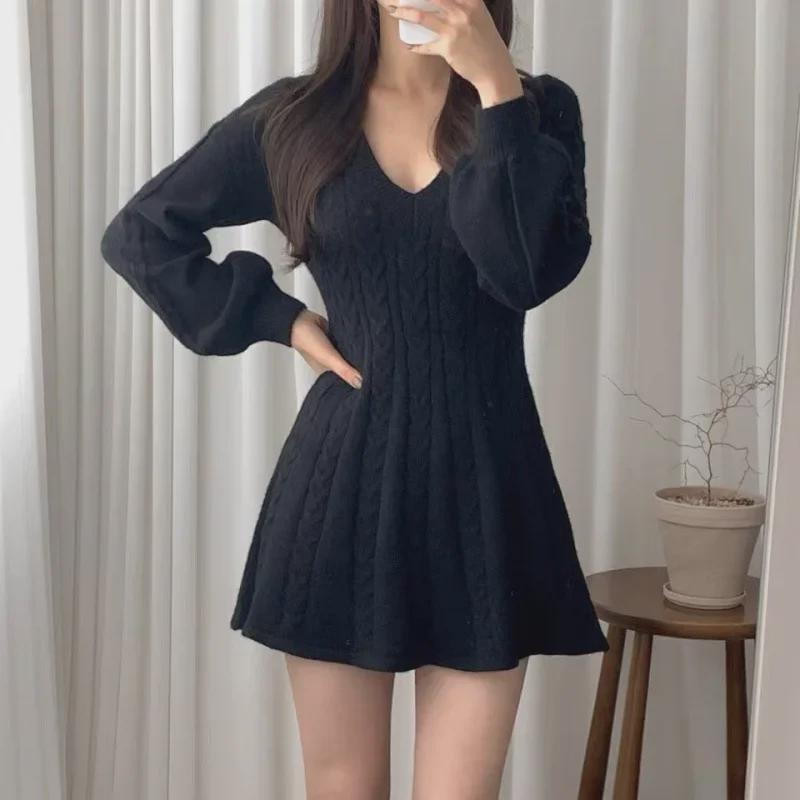 Korean Chic Lantern Sleeve V-Neck Knitted Sweater Dress