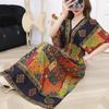 25th Anniversary Ethnic V-Neck Rayon Short Sleeve French-Thai Print Holiday Dress for Women