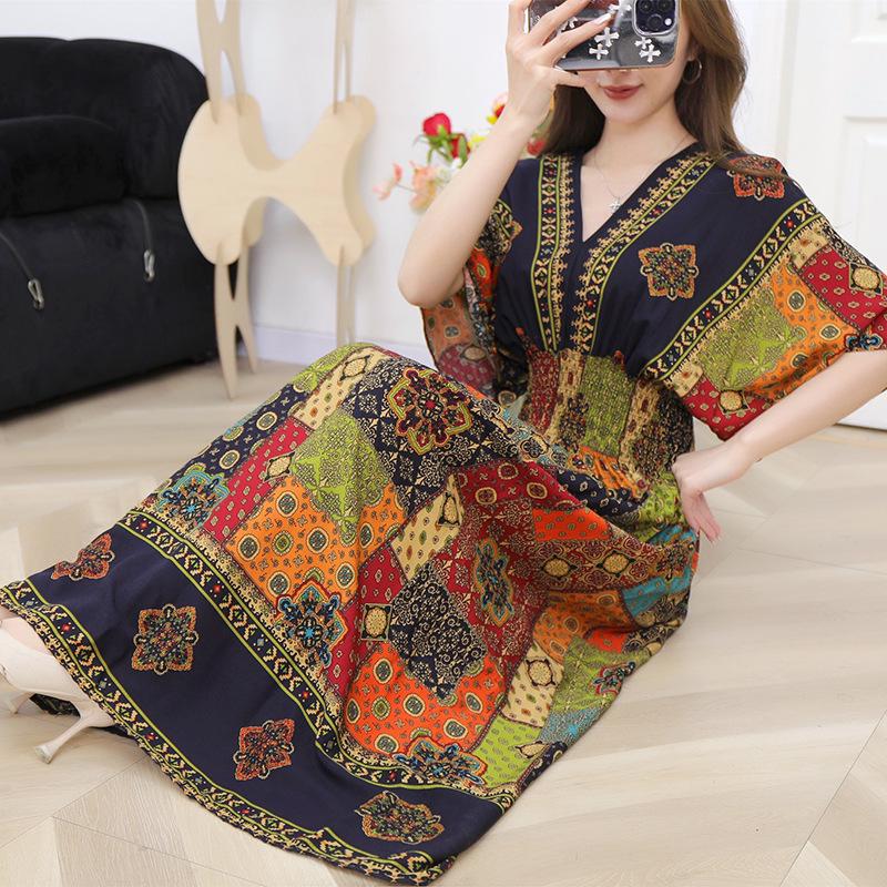 25th Anniversary Ethnic V-Neck Rayon Short Sleeve French-Thai Print Holiday Dress for Women