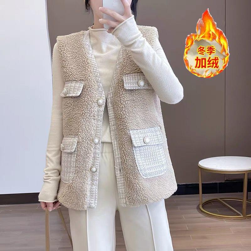 Slightly Fat Lamb Wool Vest Autumn and Winter New Tweed Splicing Vest Vest Vest Fashion Coat Women