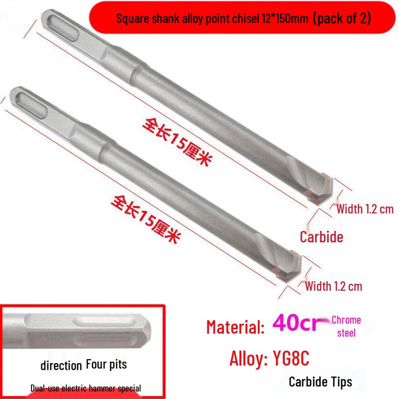 Electric Hammer Drill Set: Square/Round Shank with Pointed, Flat, U-shaped Chisels, Pick Head, Shovel, and Slotting Through-wall Drill.