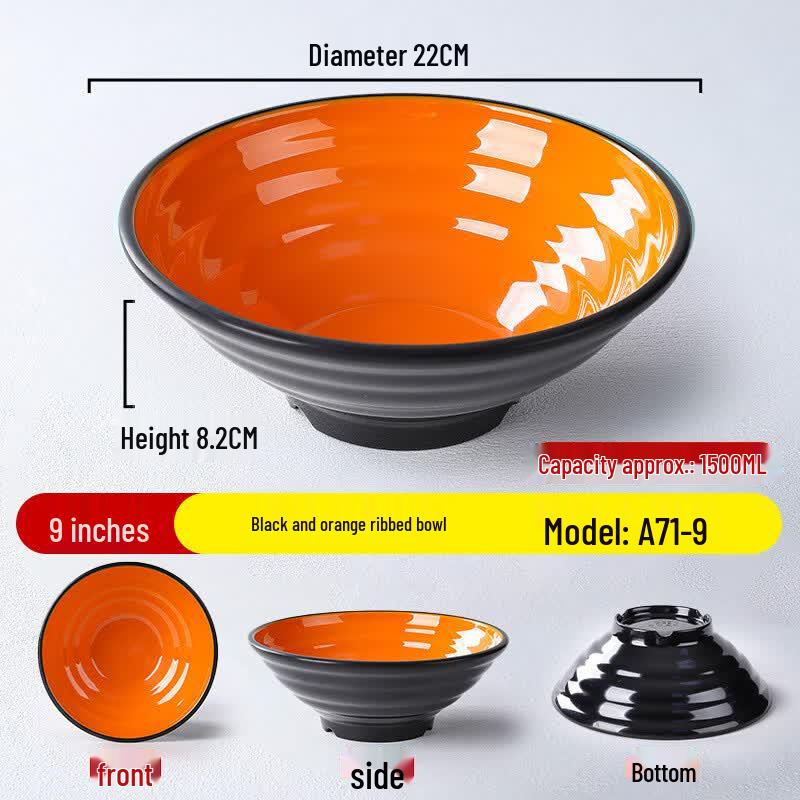 9-inch Melamine Noodle Bowl, Black Orange Threaded