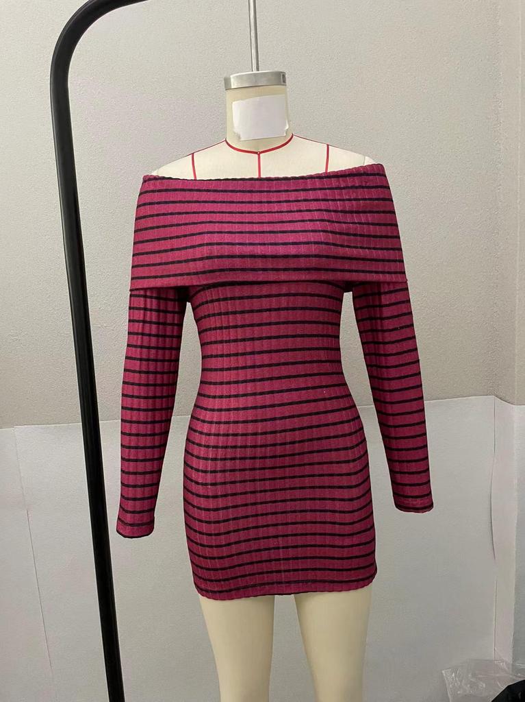 2025 Euro Beach Off-Shoulder Striped Knit Dress