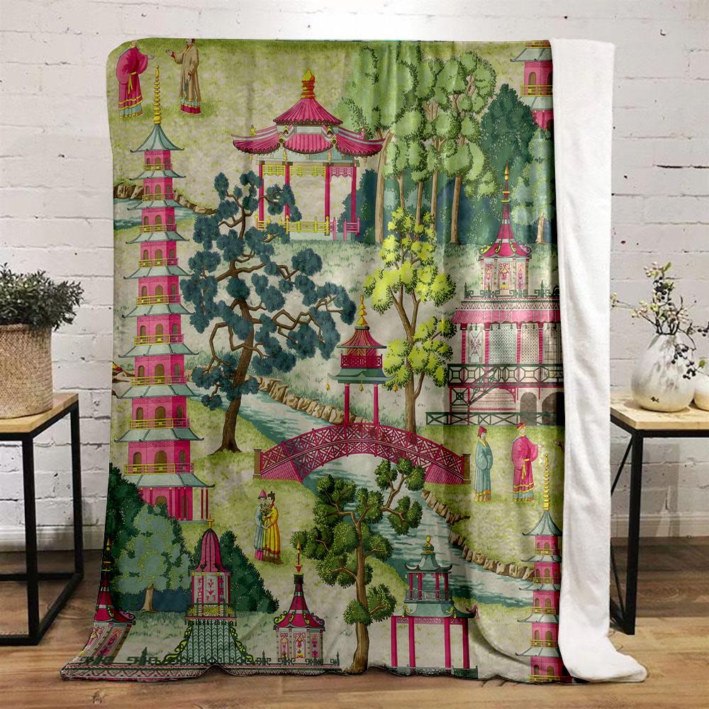 Traditional Asian Landscape Illustration Patterned Flannel Blanket Perfect for the Bedroom Living Room, Sofa, or a Little Nap