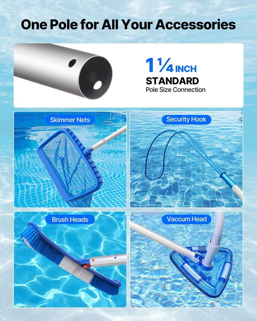 Pool Pole, 1 to 3.65 mm Telescoping Swimming Pool Cleaning Poles, Professional Adjustable Telescopic Pole with Extension Pole, Heavy Duty Cleaner